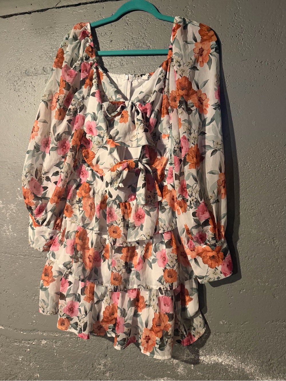 SHEIN White Floral Tie-Front Ruffle Long Sleeve Dress with Orange & Pink Blooms